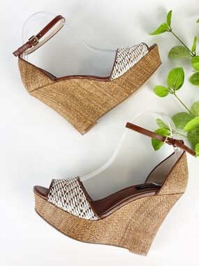White House Black Market Brown and White Woven Wedge Sandals